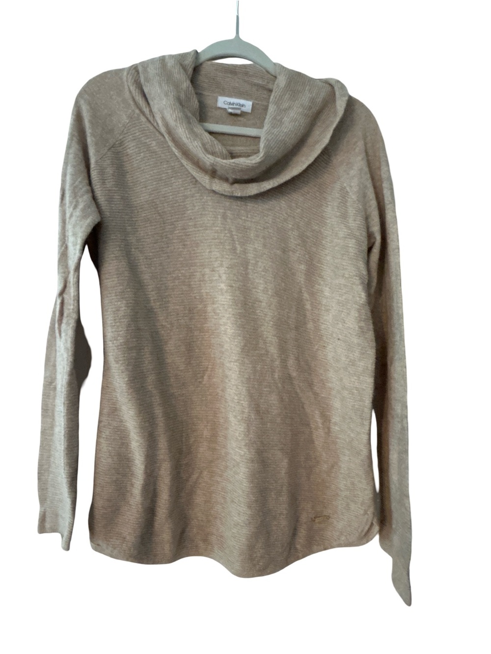 Calvin Klein Beige Lagenlook Cowl Neck Wool Blend Ribbed Sweater Size L